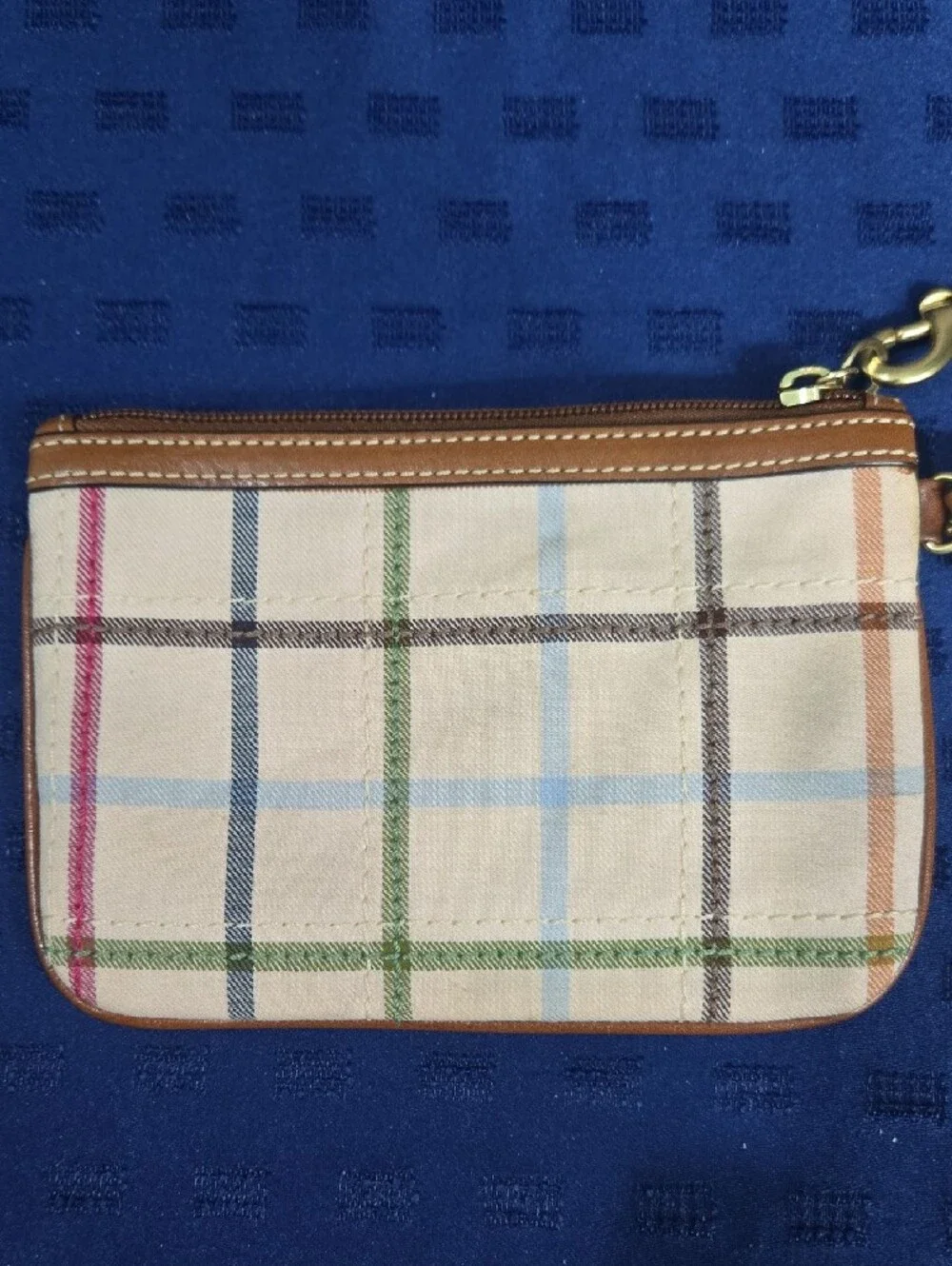Coach Tattersall Canvas Wristlet with Tan Leather Trim
